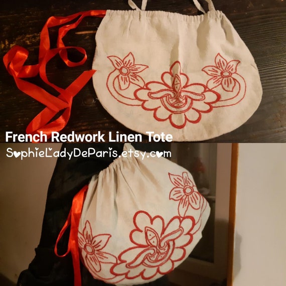 Antique Linen Bag French Redwork Tote #sophielady… - image 1