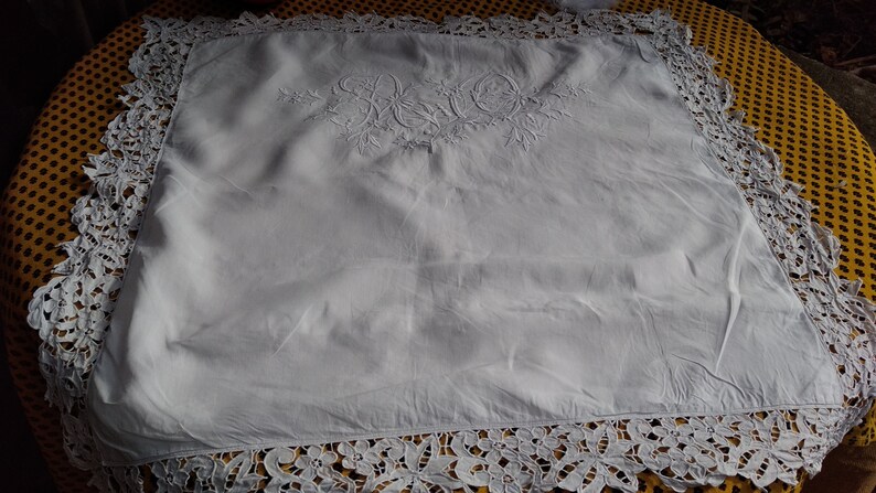 White Pillow Case Large Monogram Lace Trim Antique French Linen Pillow Cover Handmade Richelieu Lace Cut Work #sophieladydeparis