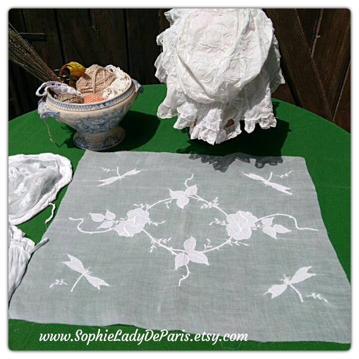 French Batiste Fabric Unused Rose Wreath Butterfly Applique