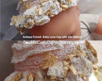 Antique Baby Cap French Lace Baby Bonnet with silk Ribbons or Doll Hat #sophieladydeparis