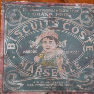 Rare 1922 French Tin Box with paper / French Marseille Exhibition / Coste Biscuit Box # SophieLadyDeParis
