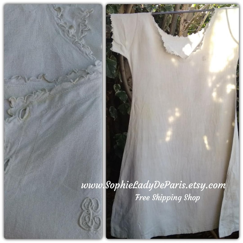 Victorian Linen Nightgown Monogram Antique French Off White Linen Dress Medium Large Costumes Movies Plays #sophieladydeparis