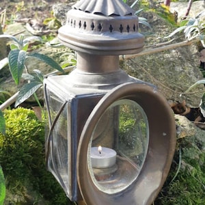 Rare Antique Brass & Copper Carriage Lantern with Beveled Glass