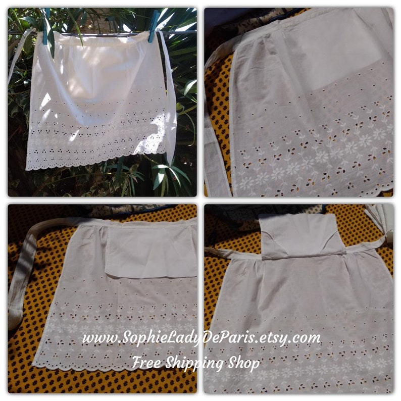 French Vintage White Cotton Embroidered WaitressMaid/'s Apron Delightful Detailing and Shape Pretty French Cotton Apron From Paris