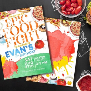 May include: An invitation for a birthday party with the text "Epic Food Fight" and "Evan's 7th Birthday". The invitation features watercolor illustrations of food items like pizza, burgers, and cupcakes. A pizza with olives and arugula is also visible.