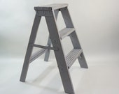 Vintage Greenhouse STEP STOOL, Gray Painted Wood Step Ladder, Shabby Chic Plant Stand, Display Greenhouse Supply, Small Ladder