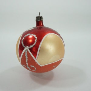 Vintage Christmas Ornament, Mercury Glass Ornament, POLAND Mid Century Christmas Tree Ball, Orange Art Deco Design H52 FREE USA Ship