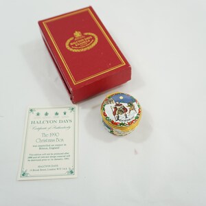Halcyon Enamels England, 1990 Weihnachtsbox, Winterszene Runde emaillierte Sammlerstück Schmuckschatulle, Originalbox & Papierkram, freies USA-Schiff