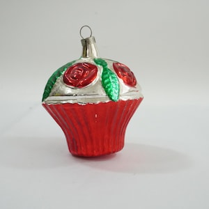 Vintage Christmas Ornament, Floral Cupcake Food Ornament, Vintage Hand Blown Glass Ornament, Tree Ornament, Flower Lot T74 FREE USA Ship