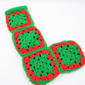 Vintage Stocking, 1960s Christmas Handmade Knitted Stocking, Granny Squares, Mid Century Christmas Stocking, Red & Green Free USA Ship