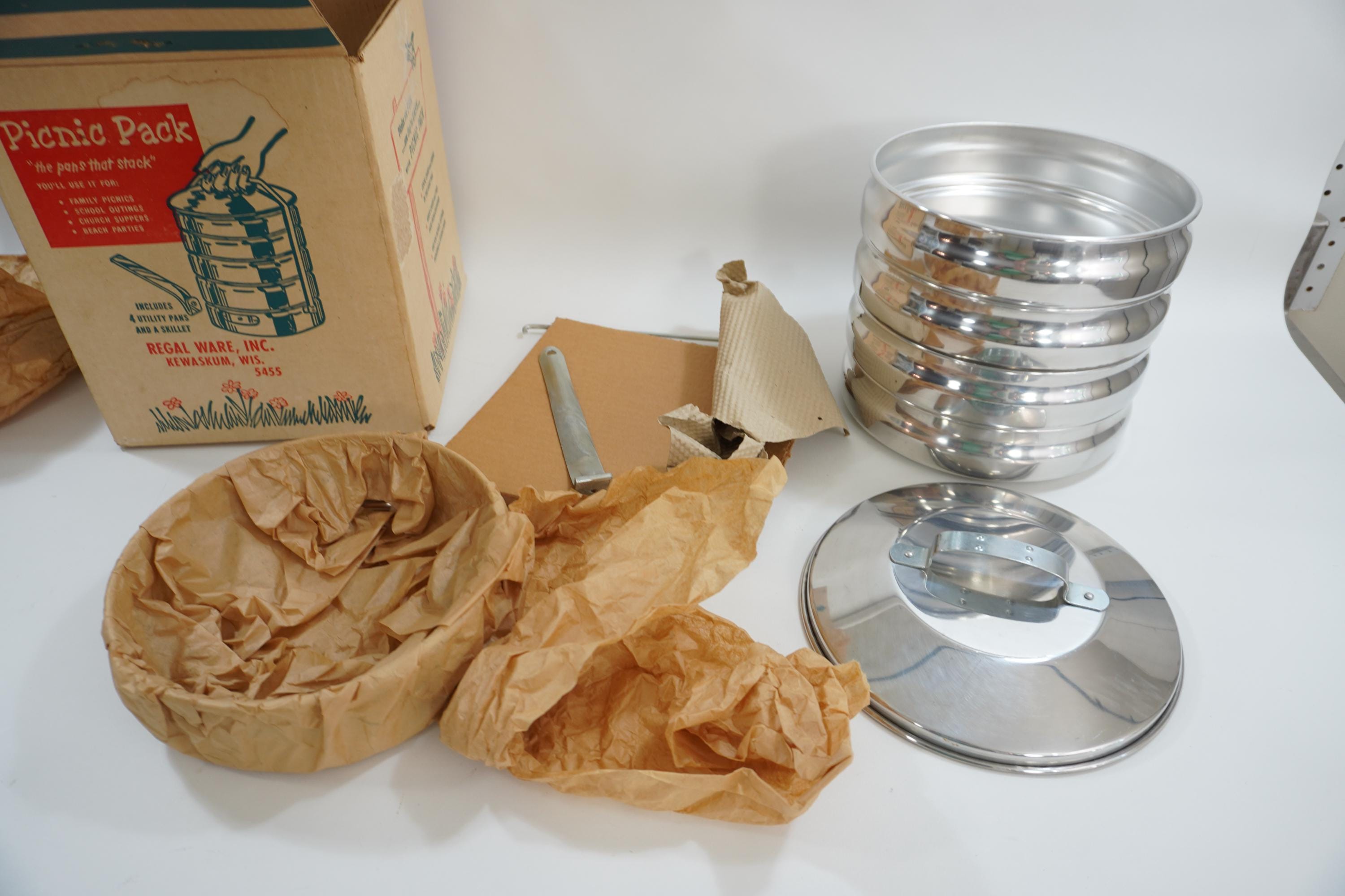 Vintage Camping Picnic Pack, Regal Ware, Inc., Stackable Aluminum Cooking Pans, NIP, Camping, Hunting, Fishing, Free USA Ship
