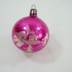 Vintage Christmas Ornament, Hand Painted House Snow Scene, MCM Christmas, Pink Mercury Glass Ornament, POLAND, Lot L18, Free USA Ship