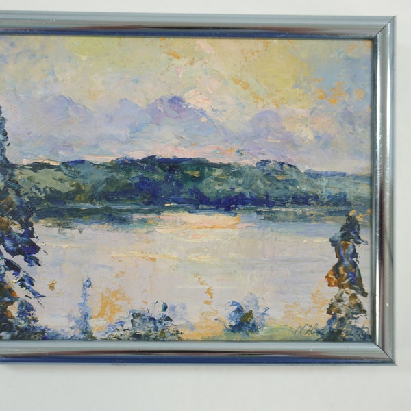 Nina Zbanduto, Russian Artist,  Small Oil Painting, Framed Artwork, Wall Art, Small Oil, Lake Scene Impressionist Style of Art Free USA Ship