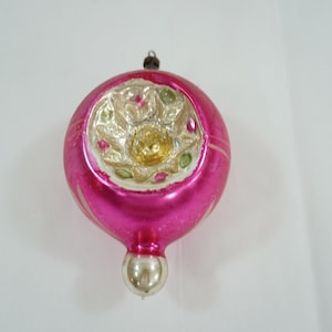 Vintage Christmas Ornament, Hand painted Mercury Glass Poland Ornament, Hand Blown Double Indent Ball w/ Finial Base, Lot K72 Free USA Ship