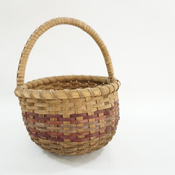 Vintage Basket with Handle, Splint Wood Basket Hand Made Woven Basket, 1989 Hand made Sewing Toy Kitchen Storage Basket,  Free USA Ship