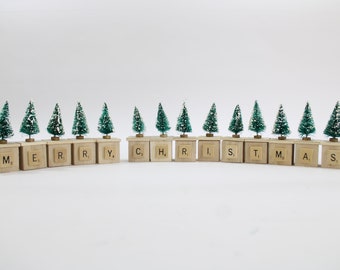 Merry Christmas Boxes, Holiday Mantle Table Decor, Small Boxes for Treats, Balsa Wood Boxes Bottle Brush Trees, Lot J85 Free USA Ship