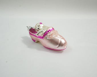 Adorno de cristal vintage, adorno para árbol de Navidad, gato con pantuflas rosas, adorno de gatito, calcetín para gato, fabricado en Alemania, lote W52, envío gratuito a EE. UU.