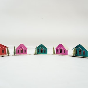 Putz Style Holiday Houses, 5 Vintage Christmas Villages, Paper Mache Village Houses, 1940&#39;s-50&#39;S Christmas, Japan Made, BB176  Free USA Ship