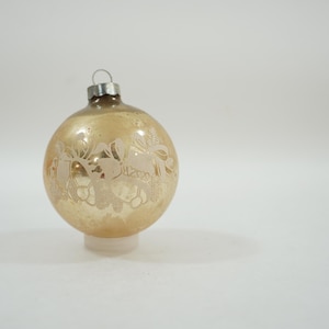 Vintage Christmas Ornament, Gold Mercury Glass Ball, Bell Images on Glass Tree Ball, MCM Retro Christmas Balls Lot Q82 FREE USA Ship