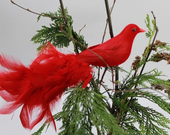 Artificial Bird, Feathered Bird, Flocked Red Bird w/ Full Feathered Tail, Wreath Floral Bird Cage Bird  11" L Red Feather Bird Free USA Ship