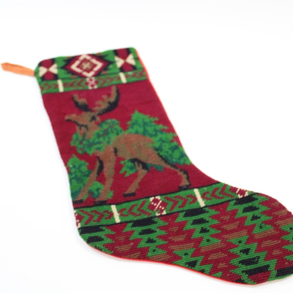 Vintage Needlepoint Christmas Stocking, Wool Needlepoint, Holiday Stocking, Herten met krans, Zuidwest Design, Haardmantel Gratis VS schip