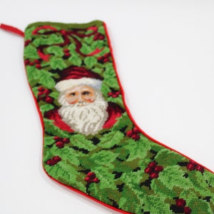 Vintage Needlepoint Christmas Stocking, Wool Needlepoint, Santa Christmas Stocking, Father Christmas, Petit Point Hearth Decor Free USA Ship