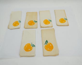 Kitchen Linens, Vintage LINEN Napkins, 6 Mid Century Vintage Luncheon Napkins, Cloth, Off White Green Gold, Yellow Apples, Free USA Ship