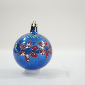 Vintage Christmas Ornament, Mercury Glass Ornament, POLAND Christmas Tree Ball, Blue Ball w Flower Design L17 FREE USA Ship