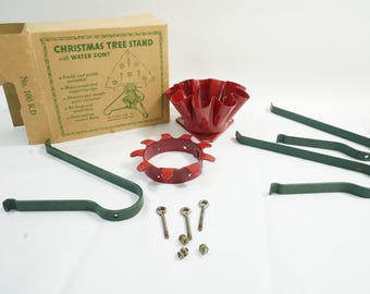 Atomic Style Christmas Tree Stand, Green & Red Metal Holiday Tree Stand, Apartment Size Tree Stand, 1950s-60s, BB254 Free USA Ship