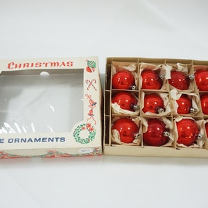 Vintage Christmas Ornaments, 2" Red Glass Balls, Made in Poland, Mid Century POLISH Ornaments, 12 Red Glass Ornaments Lot BB82 FREE USA Ship