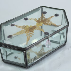 Trinket box, Glass and Metal Box, Hexagon Shaped Box, Hinge Door, Pressed Flower Glass Top Box Glass Storage Box, Brass Color, Free USA Ship