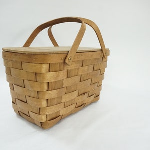 Basketville Split Oak Picnic Basket, Woven Split Oak Basket w/ Handles, Vintage Picnic Basket w/ Hard Top, New England Baskets Free USA Ship