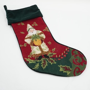 Vintage Needlepoint Christmas Stocking, Wool Needlepoint, Santa Christmas Stocking, Father Christmas Green Cuff, Wool Cotton Free USA Ship
