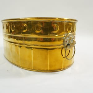 May include: A golden-colored, oval-shaped metal planter. The planter has a ridged design and is adorned with a decorative lion's head handle. The planter is likely made of brass or a similar metal.