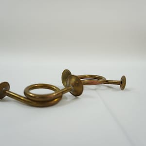 May include: Two brass decorative horns with a curled design. The horns are connected together and have a shiny finish.