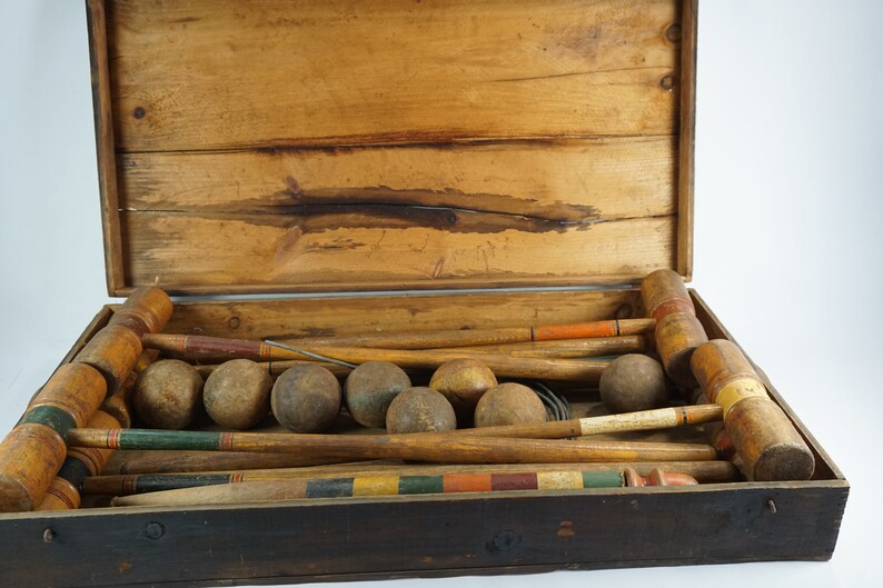 Antique Croquet Set Wooden 8 Player Dovetailed Image 0
