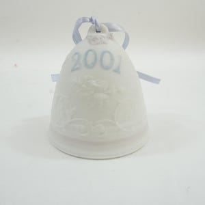 Lladro Ornament, 3-D Christmas Tree Ornament, White Porcelain Ornament, Bell with Clapper, Angels and Birds  2001 Lot V91 Free USA Ship