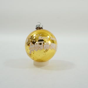 Vintage Christmas Ornament, Gold Mercury Glass Ball, Merry Christmas Train Toys Image on Ball, Retro Christmas Balls Lot Q77 FREE USA Ship