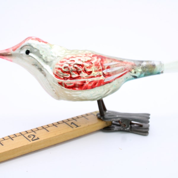 Glass Clip-On Bird, Vintage Glass Bird, Glass Bird Christmas Ornament, Antique Vintage Glass Bird w Glass Spun Tail, Lot B70 FREE USA Ship