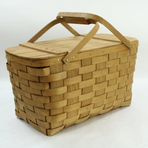 Basketville Split Oak Picnic Basket, Woven Split Oak Basket w/ Handles, Vintage Picnic Basket w/ Hard Top, Vintage Patina, Free USA Ship