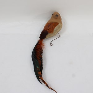 Può includere: Un ornamento di uccello marrone e beige con una lunga coda di piume nere, marroni e verdi.