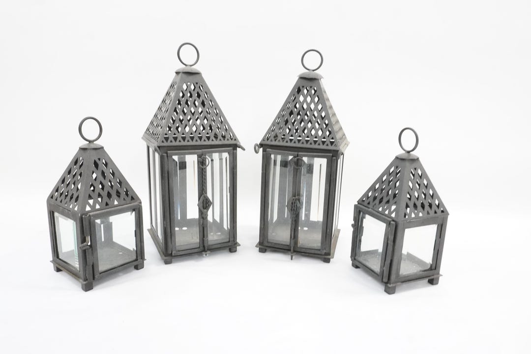Frontgate Brass Lanterns, Set of 4, Glass and Metal Candle Holders ...