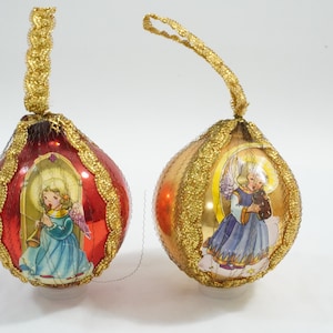 Vintage Christmas Ornaments, 2 MCM Glass Ornaments with foil, trim and images, Tinsel Wire, Victorian Ornaments, Lot W60 Free USA Ship