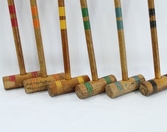 Wood Croquet Mallets, Wooden Croquet, 6 Unique Mallets, Summer Window Display, Sports Display, Folk Art, Antique Wood Sports, Free USA Ship