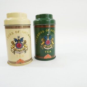 Jackson of Piccadilly Tea Tins, 2 Metal Empty Tea Tins, Vintage Metal Tea Tin London Advertising, Small Green Tan Round Tins, Free USA Ship