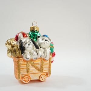 Vintage Christmas Ornament, Embossed Christmas Ornament, Dog Ornament, Dogs Toys in Wagon Tree Ornament, Poland Lot T19 FREE USA Ship
