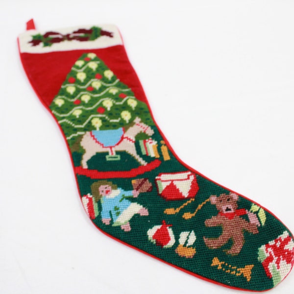 Vintage Needlepoint Kerst Kousen, Wol Needlepoint, Kerstboom Speelgoed Thema Kousen, Mantel Haard Holiday Stocking, Gratis USA Schip