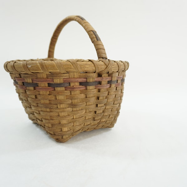 Vintage Basket with Handle, Splint Wood Basket Hand Made Woven Basket, 1986 Hand made Sewing Toy Kitchen Storage Basket,  Free USA Ship