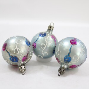 Vintage Christmas Ornaments, 1950s POLISH Glass Ornaments, Hand Painted, Silver Blue Gray Tree Ornaments, 1 3/4" Lot D58 FREE USA Ship