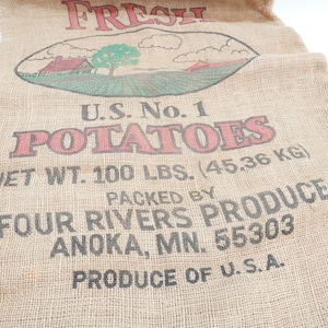 MN Potato Burlap Bag,  Advertising Bag, Vintage Landscaping Bag Four Rivers Produce Advertising, Farm Stand Decor, Anoka MN Free USA Ship